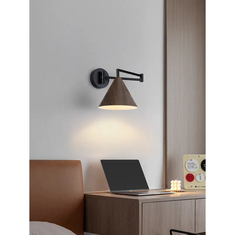 Simple Nordic retractable wood grain rocker arm wall lamp in Walnut finish with 18cm pattern