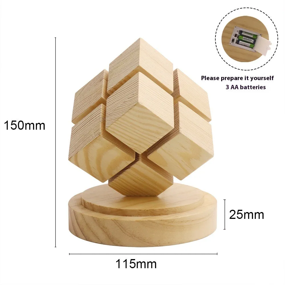 Creative fourth-order Rubik's cube night lamp with rubber wood shade on a wooden surface