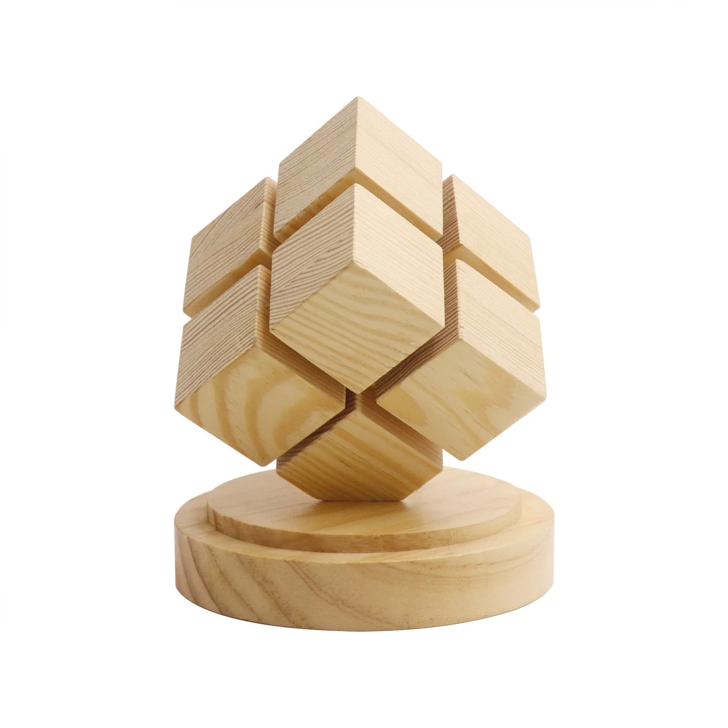 Creative fourth-order Rubik's cube night lamp with rubber wood shade on a wooden surface