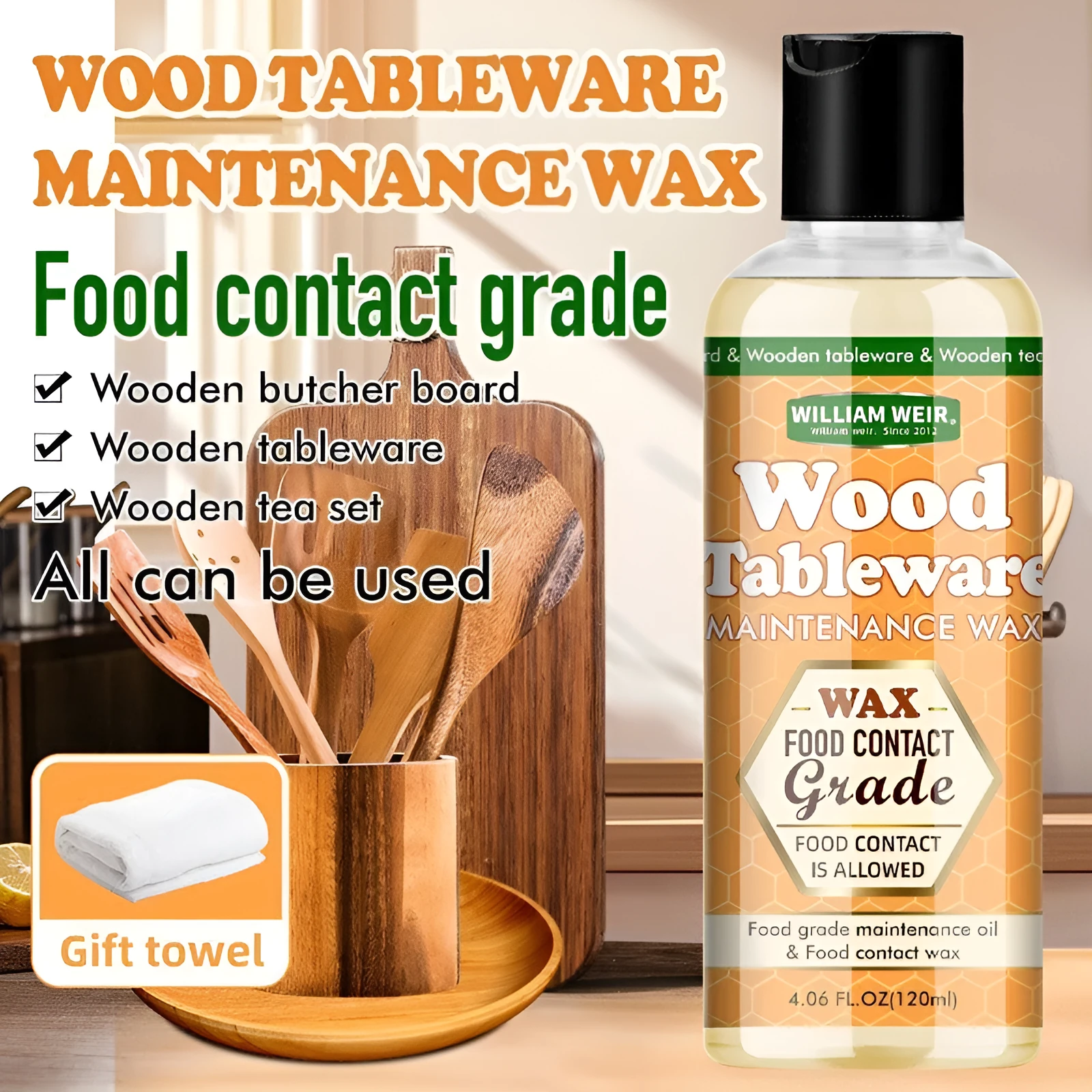 Wooden food grade tableware maintenance set with 120ml oil and wax bottles and towel