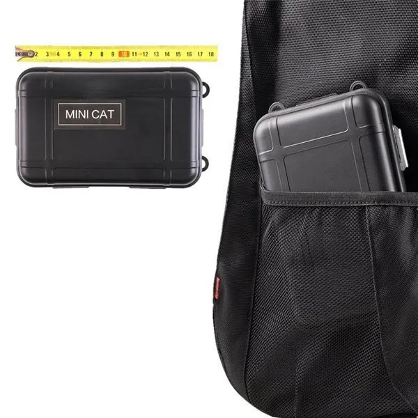 Black shockproof case open to show 13-piece stainless steel outdoor survival kit with tools and emergency supplies.