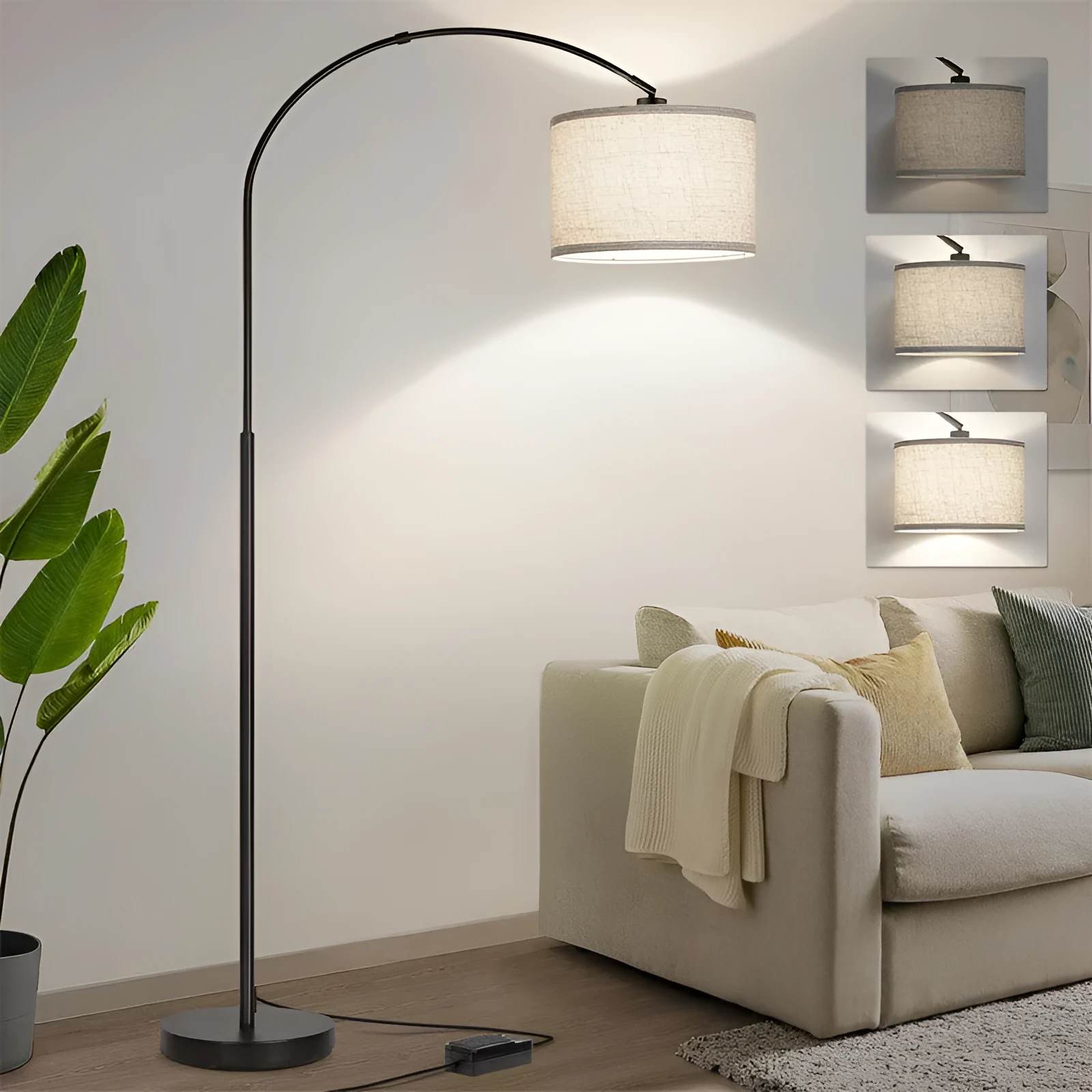 Modern minimalist fishing floor lamp with black fabric shade standing in a living room corner