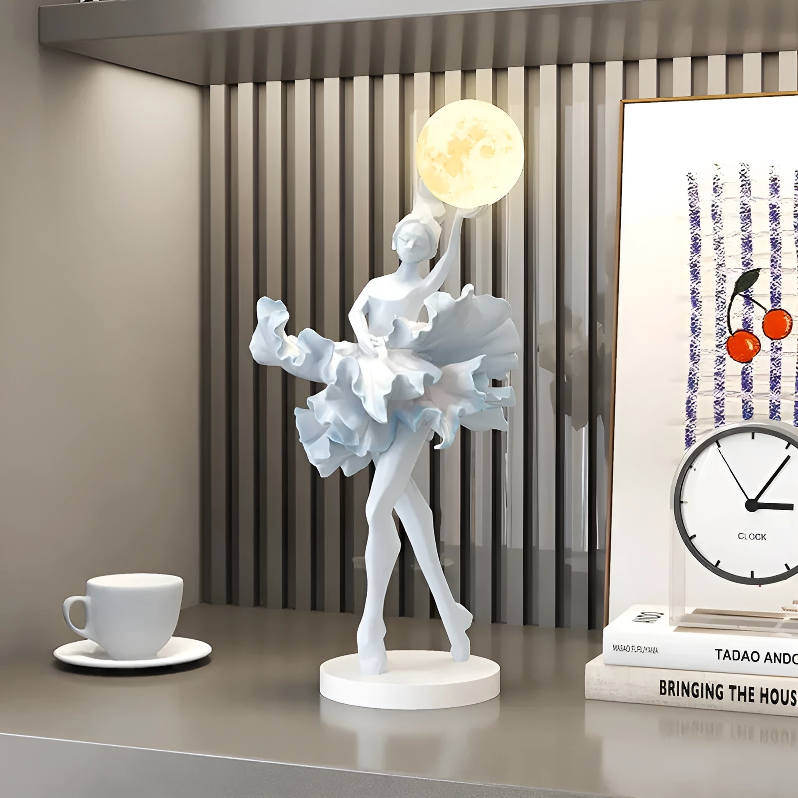 Ballet dancer resin night lamp in pink placed on a hallway table