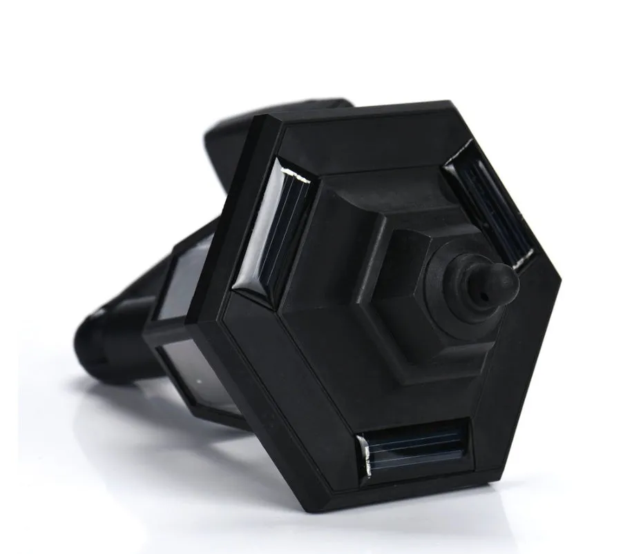 Black hexagonal solar-powered wall light with LED and solar panel for outdoor use