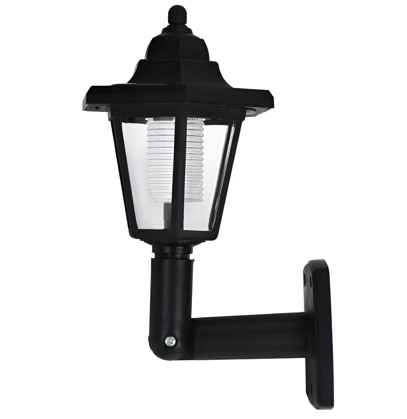 Black hexagonal solar-powered wall light with LED and solar panel for outdoor use