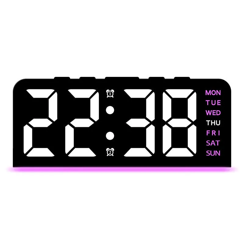 Plastic electronic alarm clock with LED display, 10mm thickness, available in multiple colour combinations