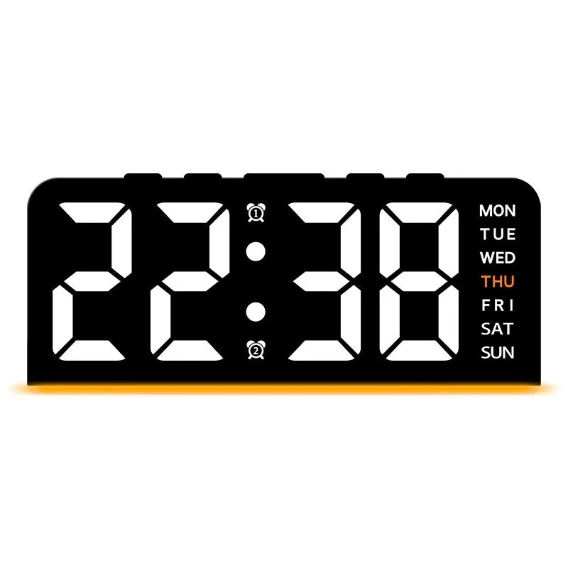 Plastic electronic alarm clock with LED display, 10mm thickness, available in multiple colour combinations