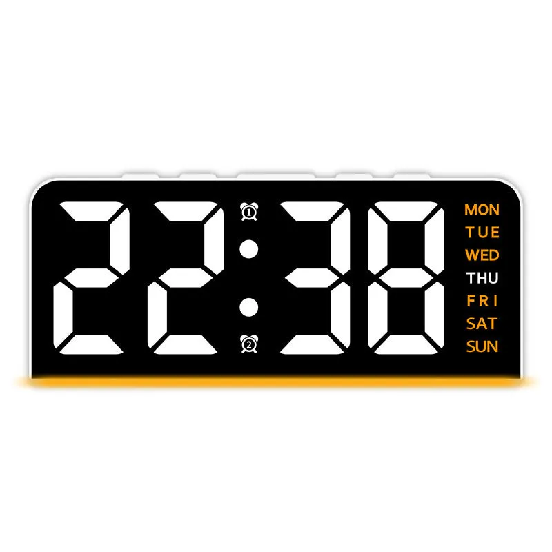 Plastic electronic alarm clock with LED display, 10mm thickness, available in multiple colour combinations