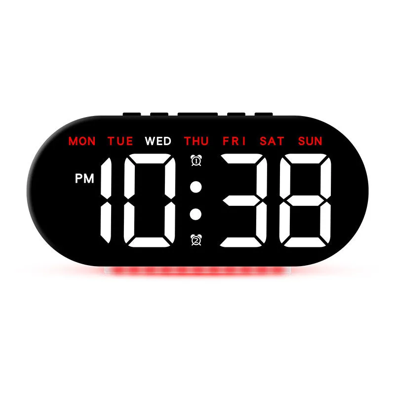 Plastic electronic alarm clock with LED display, 10mm thickness, available in multiple colour combinations