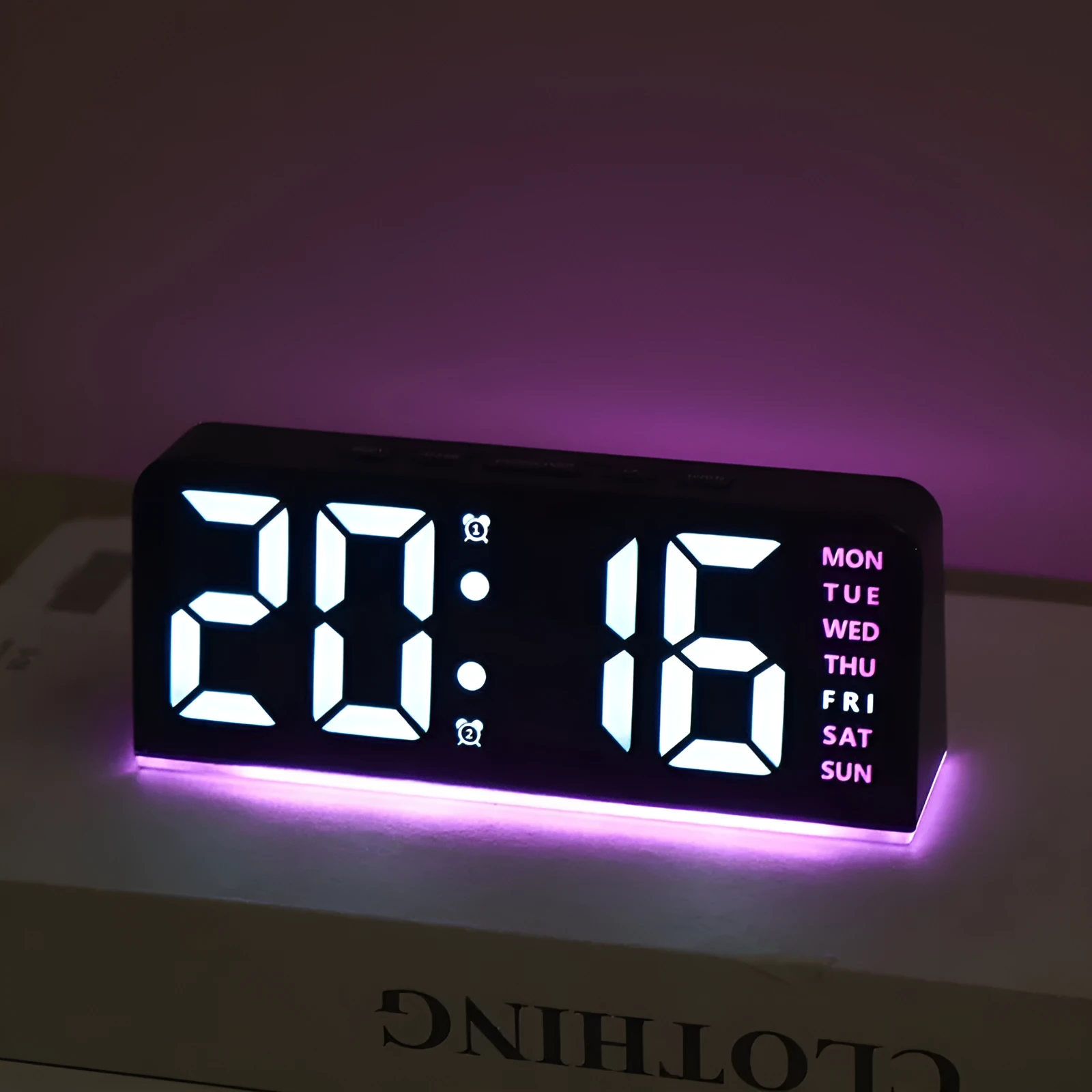 Plastic electronic alarm clock with LED display, 10mm thickness, available in multiple colour combinations
