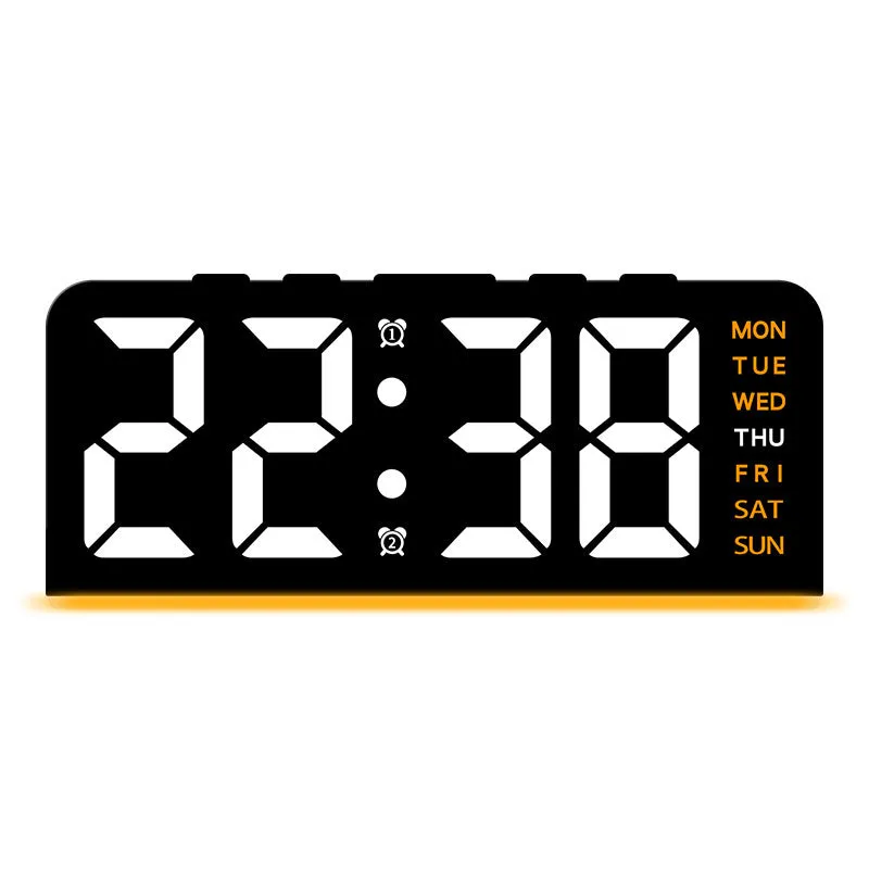 Plastic electronic alarm clock with LED display, 10mm thickness, available in multiple colour combinations