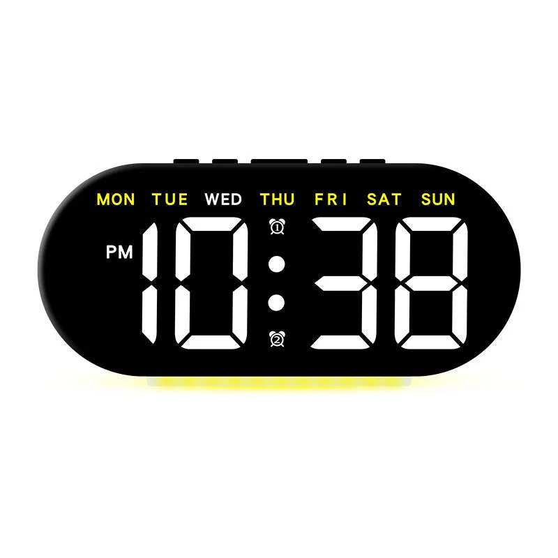 Plastic electronic alarm clock with LED display, 10mm thickness, available in multiple colour combinations