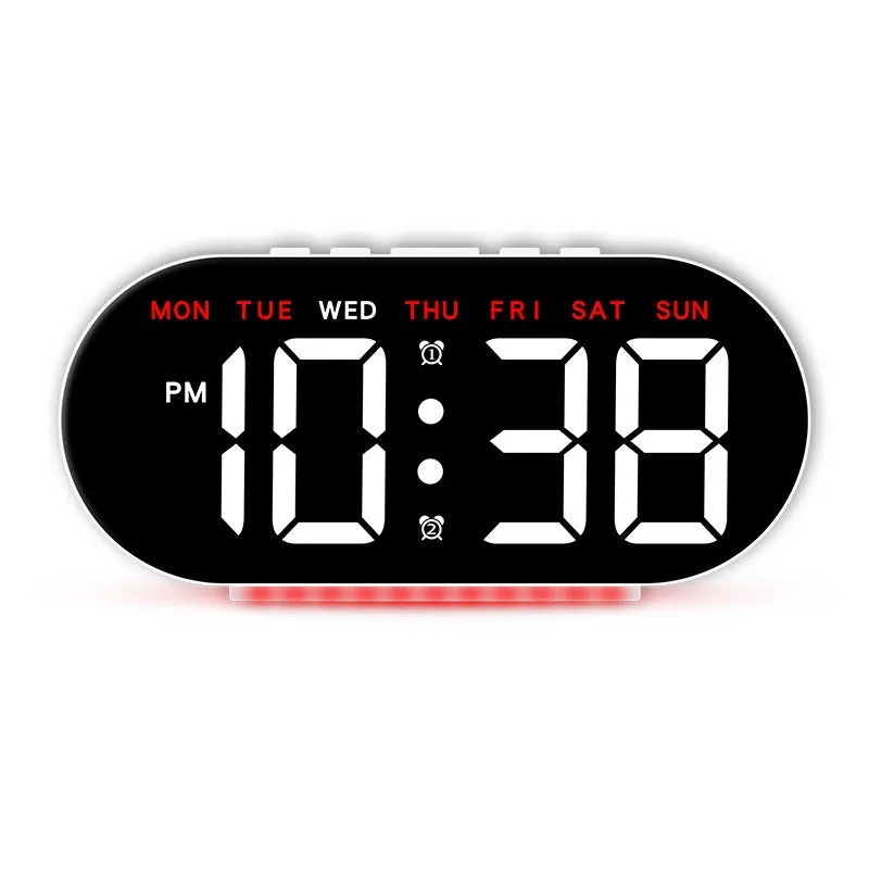 Plastic electronic alarm clock with LED display, 10mm thickness, available in multiple colour combinations