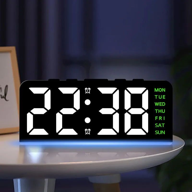 Plastic electronic alarm clock with LED display, 10mm thickness, available in multiple colour combinations