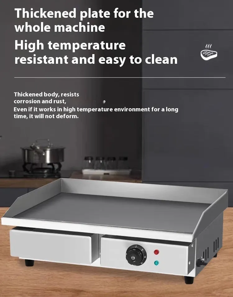 818 electric heating griddle with refined iron plate on countertop, dimensions 550x450x210mm, 3KW power