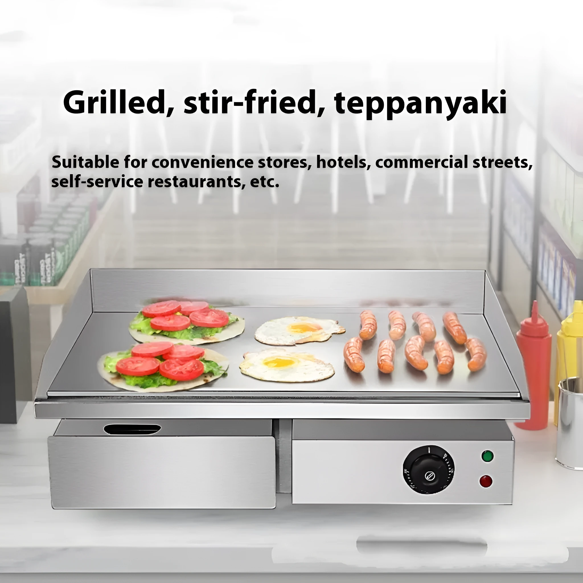 818 electric heating griddle with refined iron plate on countertop, dimensions 550x450x210mm, 3KW power