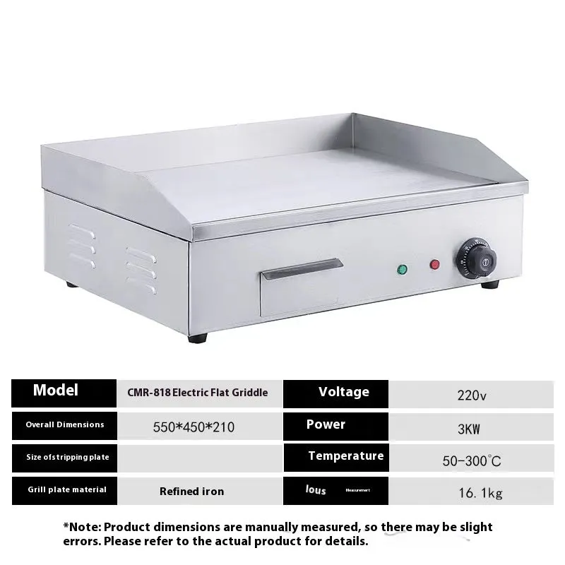 818 electric heating griddle with refined iron plate on countertop, dimensions 550x450x210mm, 3KW power