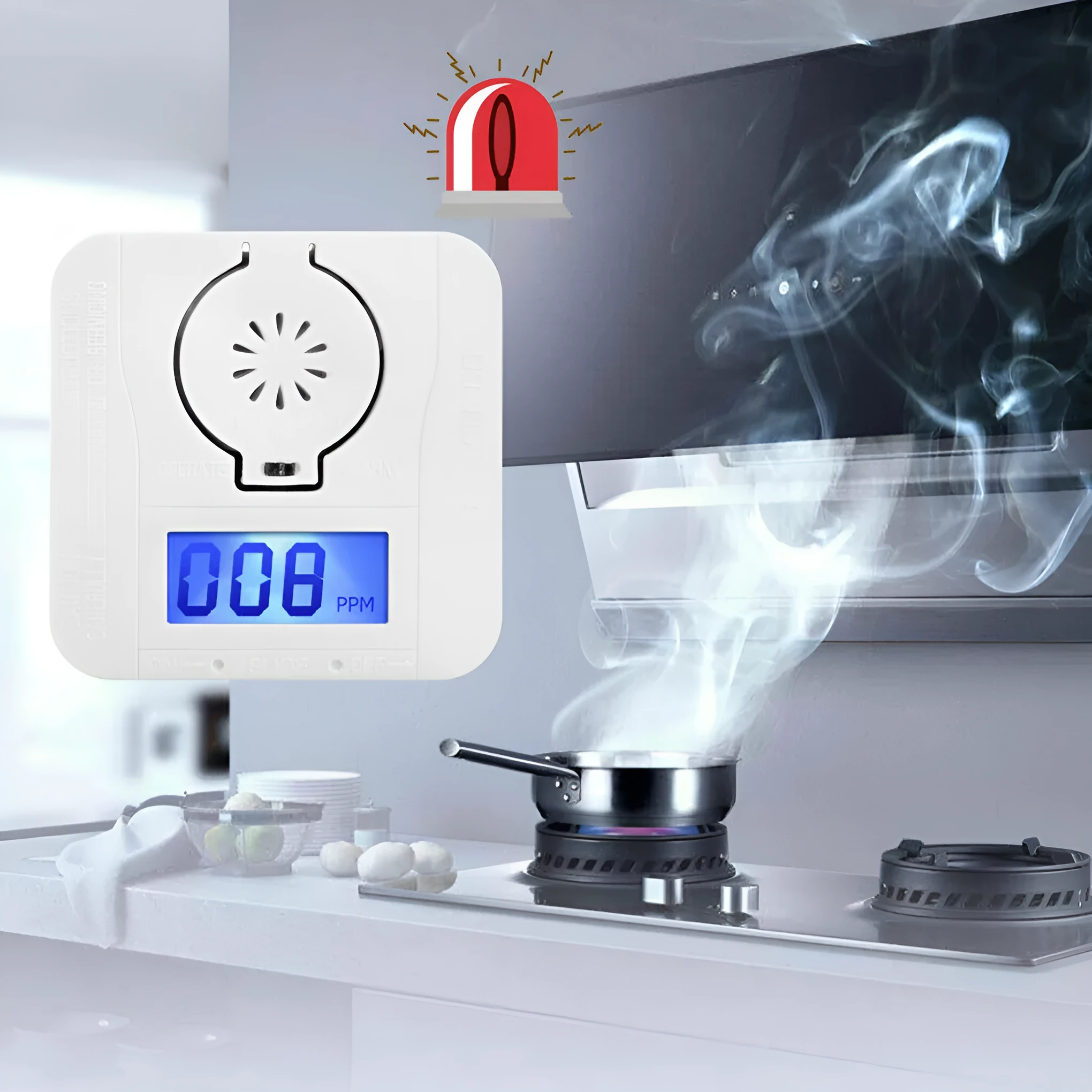 White wireless carbon monoxide alarm unit for wall mounting.