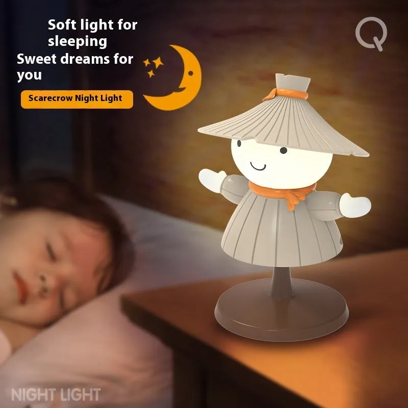 Brown scarecrow cartoon small night lamp on bedside table with USB cable