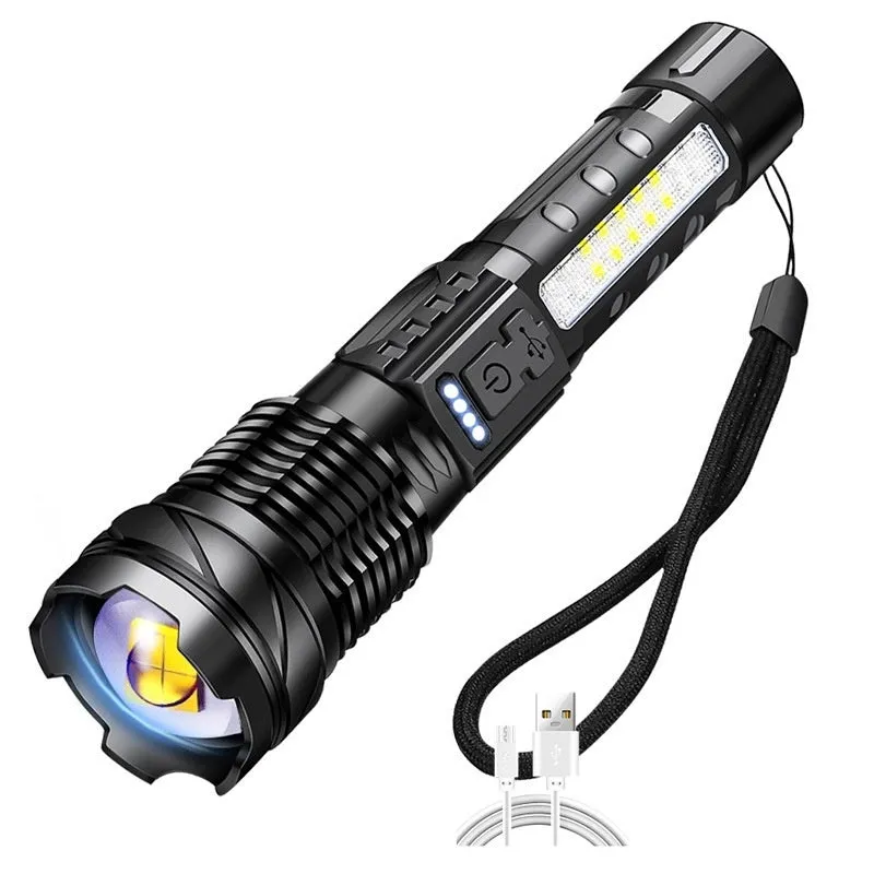 Aluminium alloy 30W LED power torch with telescopic zoom on a dark background