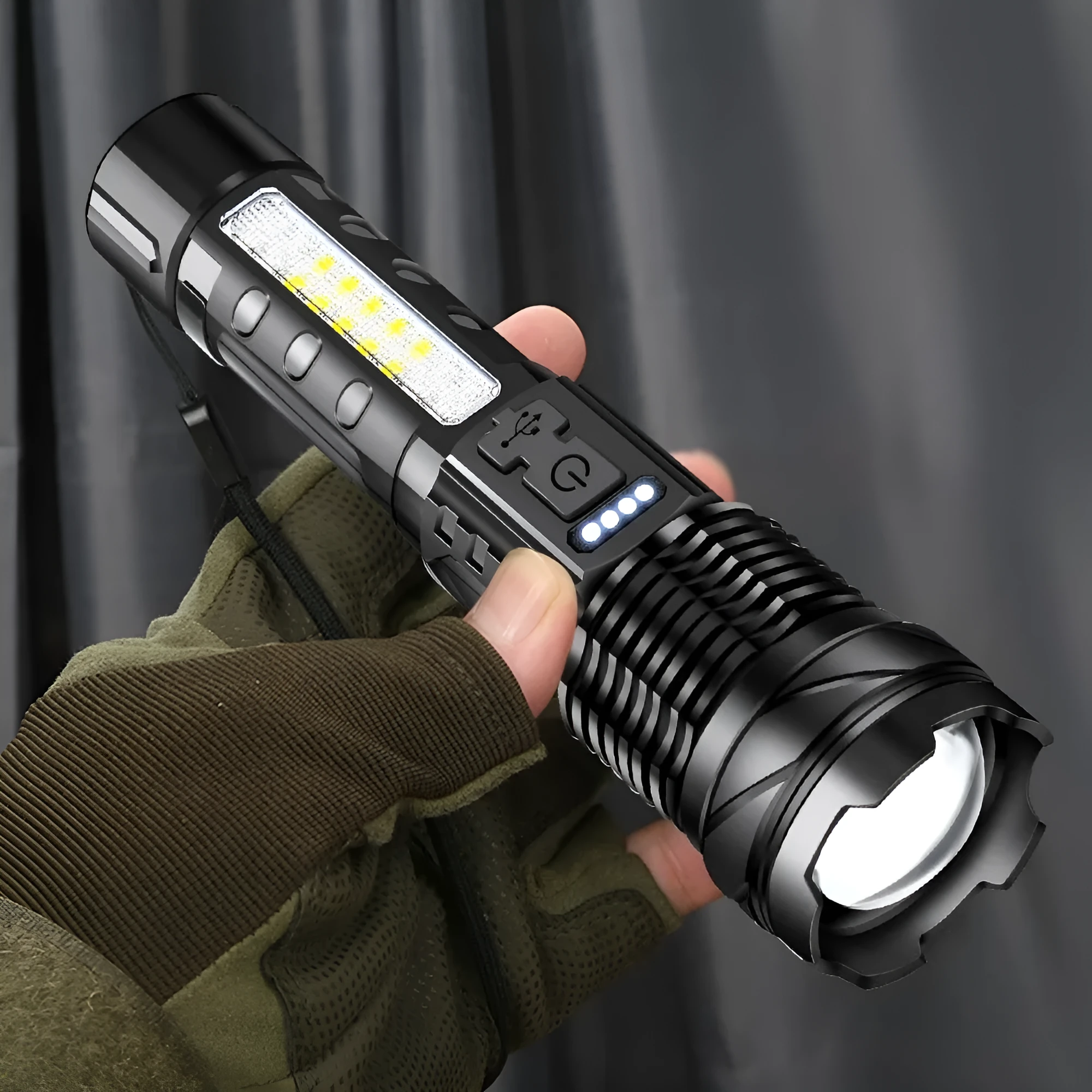 Aluminium alloy 30W LED power torch with telescopic zoom on a dark background