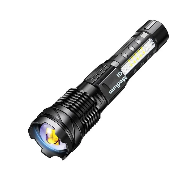 Aluminium alloy 30W LED power torch with telescopic zoom on a dark background