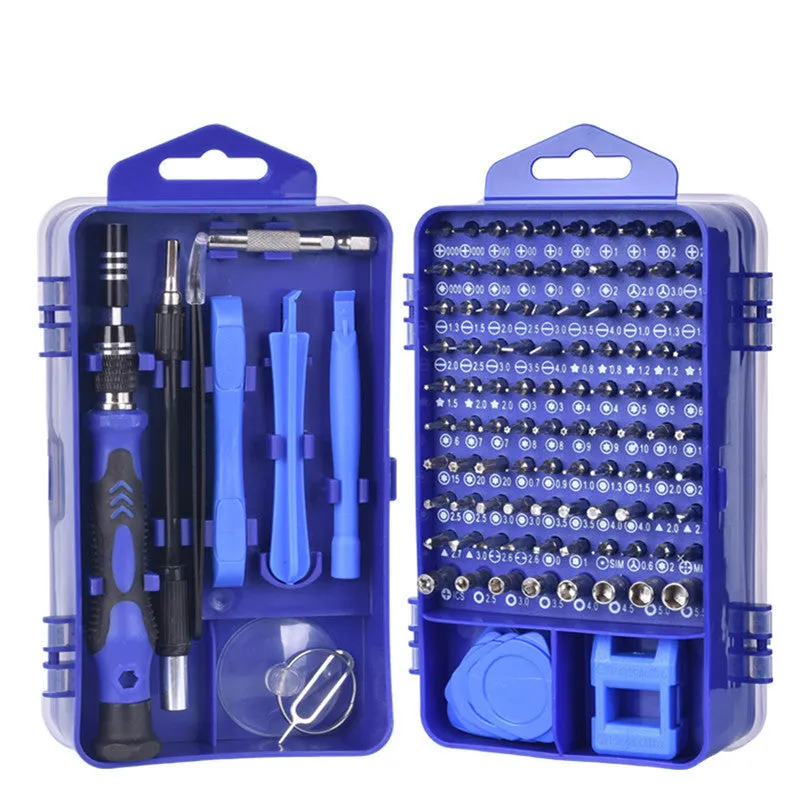 117 in 1 CRV magnetic screwdriver set with flexible extension shaft for electronics repair in a black case.