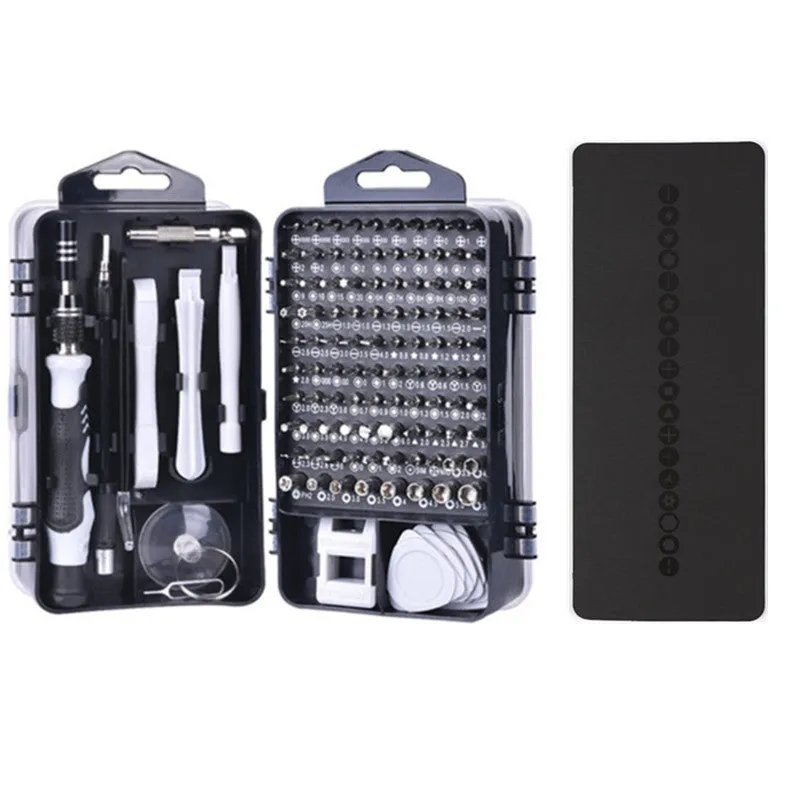 117 in 1 CRV magnetic screwdriver set with flexible extension shaft for electronics repair in a black case.
