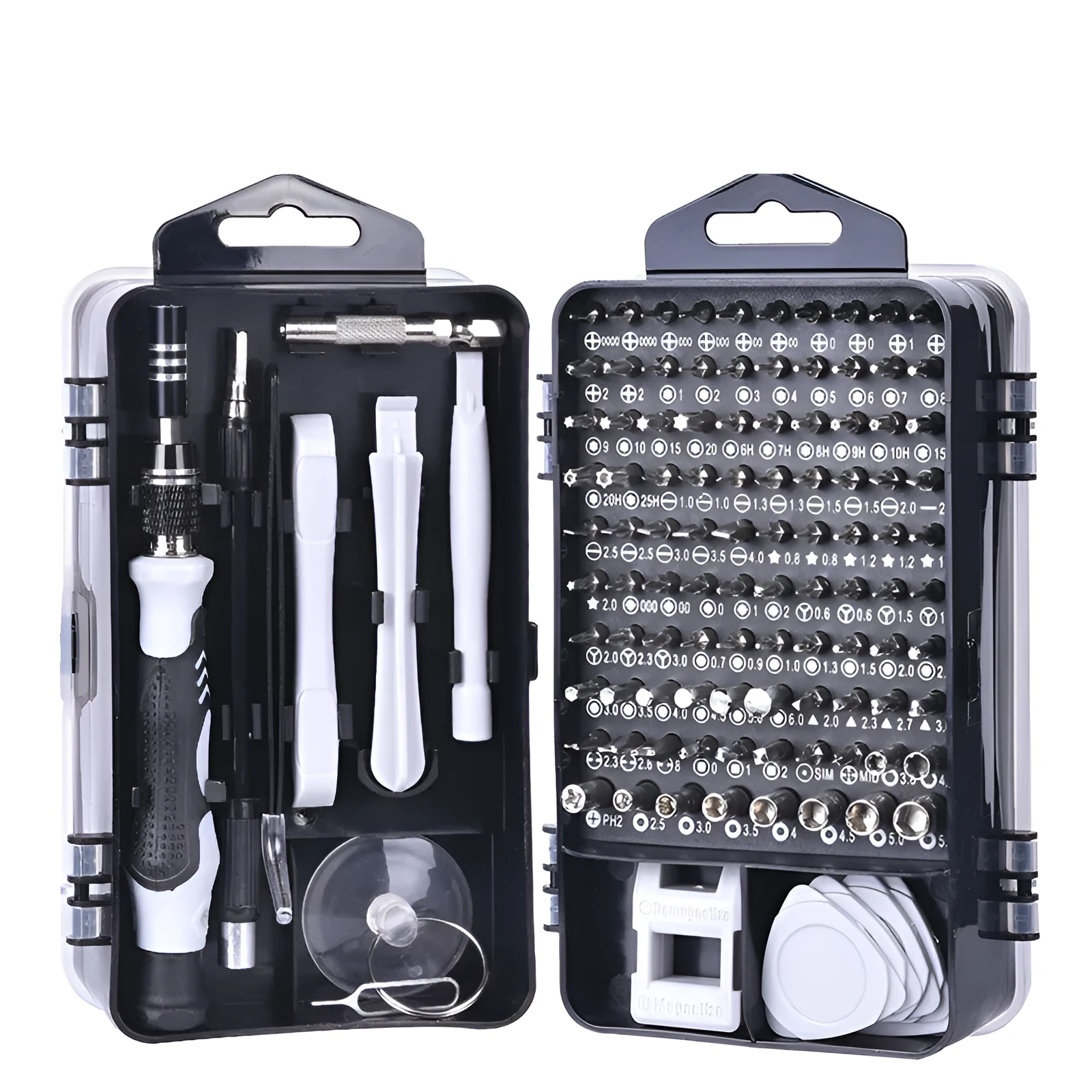 117 in 1 CRV magnetic screwdriver set with flexible extension shaft for electronics repair in a black case.