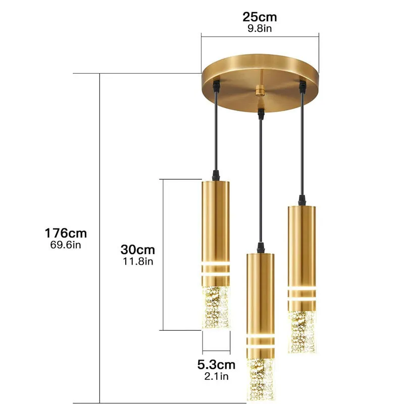 LED straight crystal chandelier with three disc heads in iron frame as dining room fixture