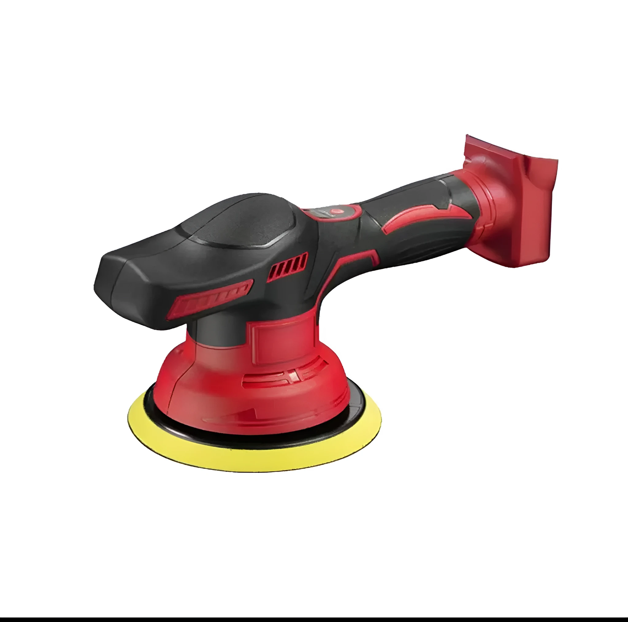 Red digital display electric polisher held against car paint surface with polishing pad