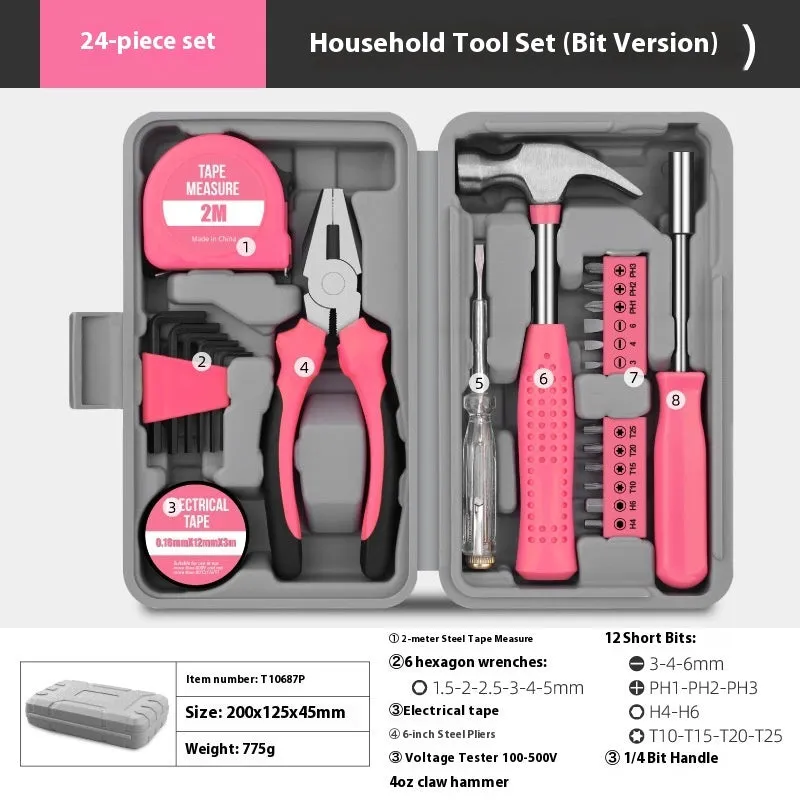 Multifunctional household maintenance toolbox set with carbon steel tools in pink or yellow for home decoration and property maintenance