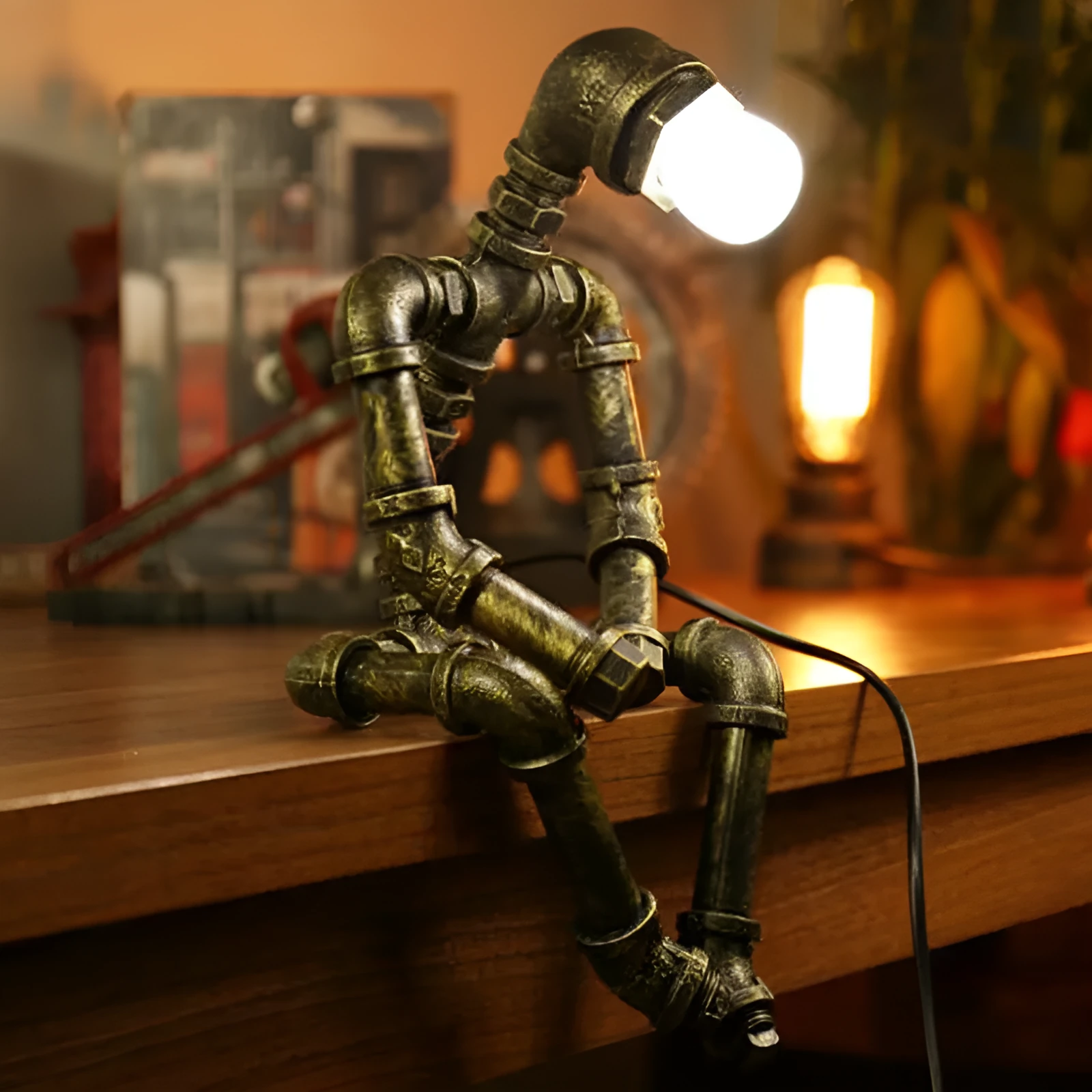 Green bronze industrial desk lamp with iron pipe vintage design for bedside or desk