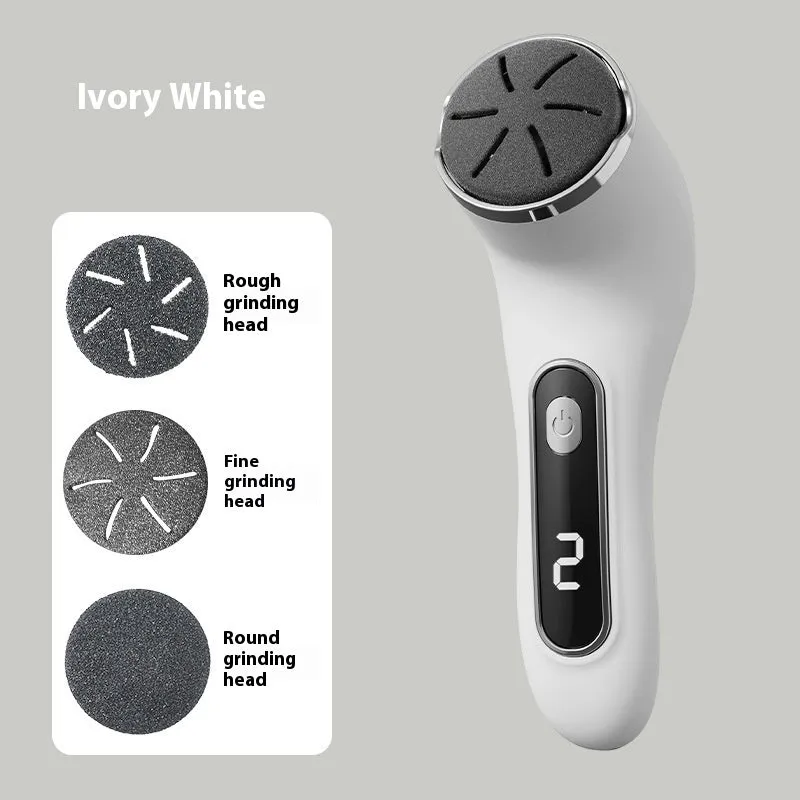 Electric foot grinder in ivory white with oval pumice stone head and USB charging port