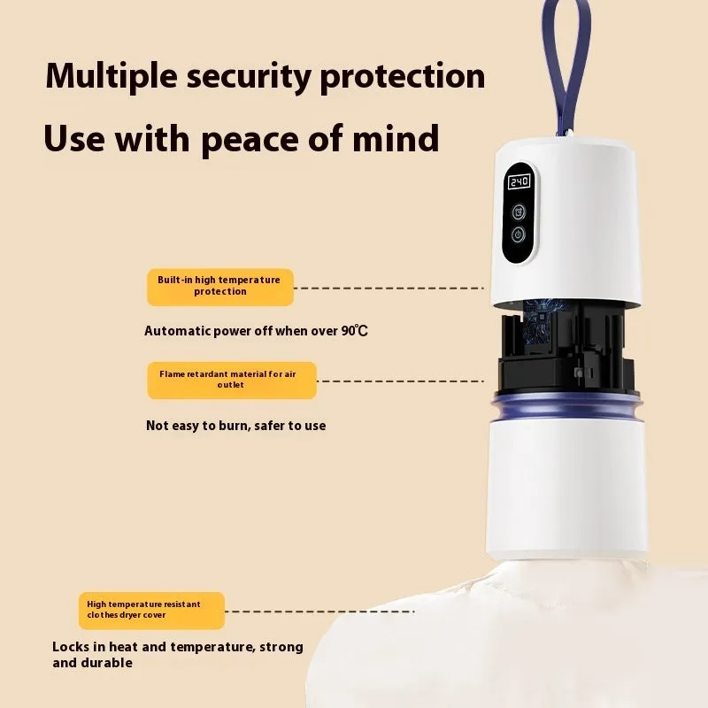 White cylindrical mini household air dryer with PTC heating, 85x85x166mm, includes drying bag