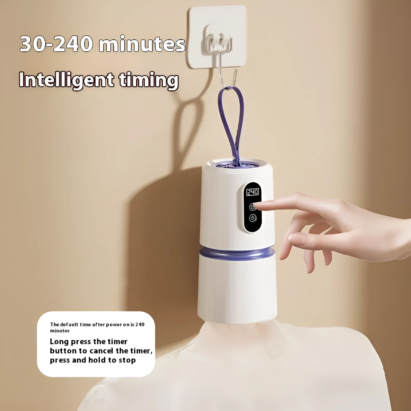 White cylindrical mini household air dryer with PTC heating, 85x85x166mm, includes drying bag
