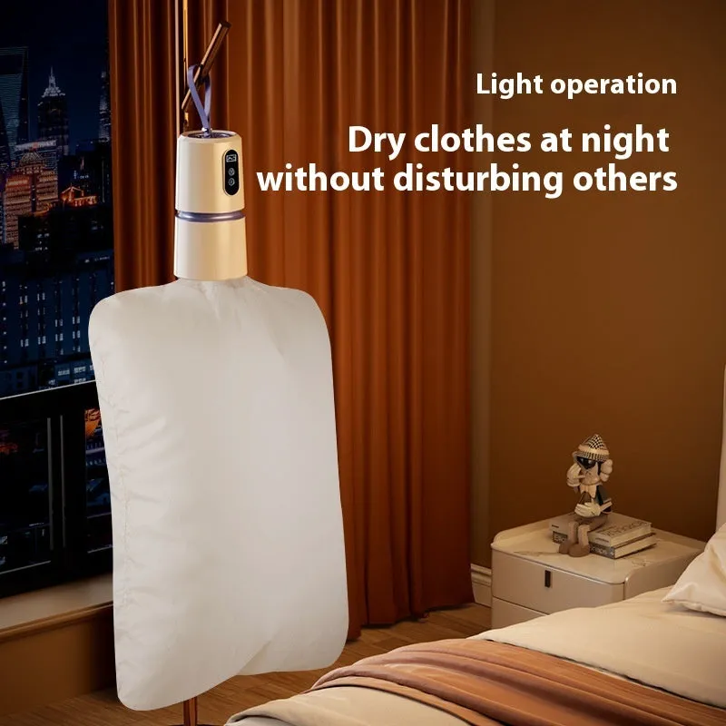 White cylindrical mini household air dryer with PTC heating, 85x85x166mm, includes drying bag