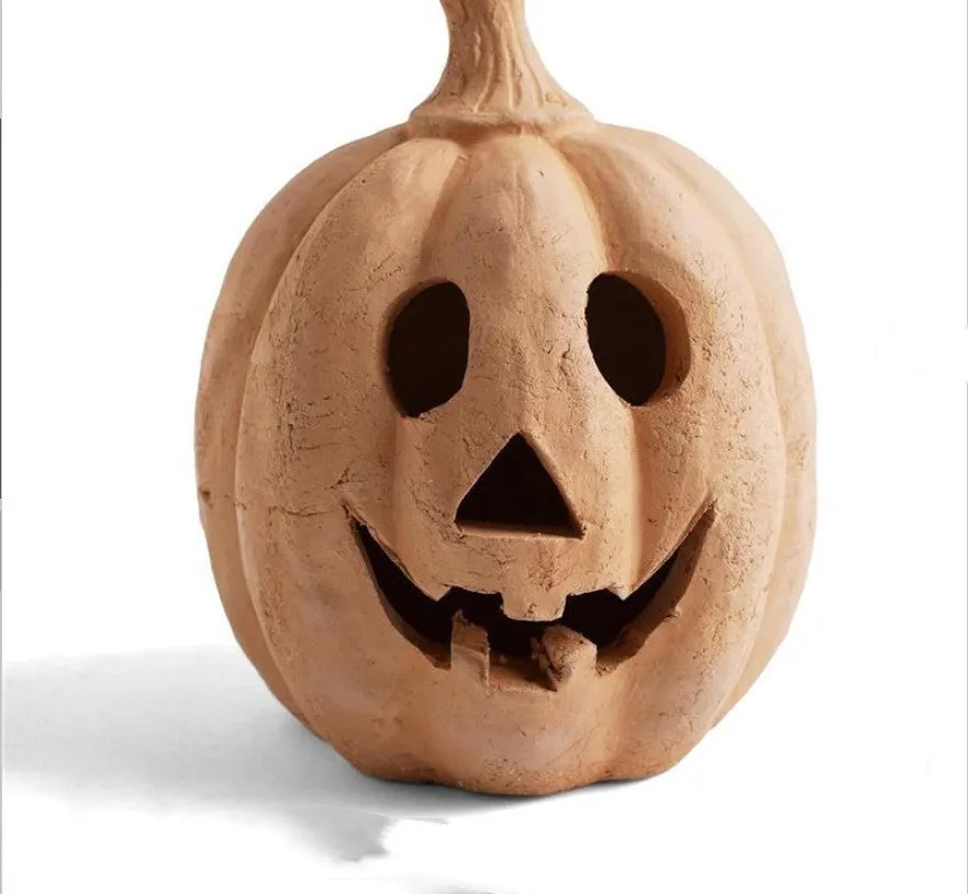 Synthetic resin pumpkin lamp on a doorstep, 19cm height with warm light, modern simplicity style for Halloween