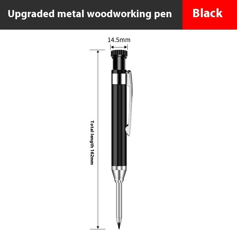 2.8mm metal long head deep hole carpenter's pencil with fine tip, black colour option, on a wooden surface