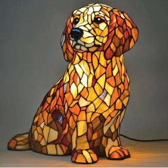 Colourful resin dog lamp decoration in pug shape, button battery powered, on a shelf