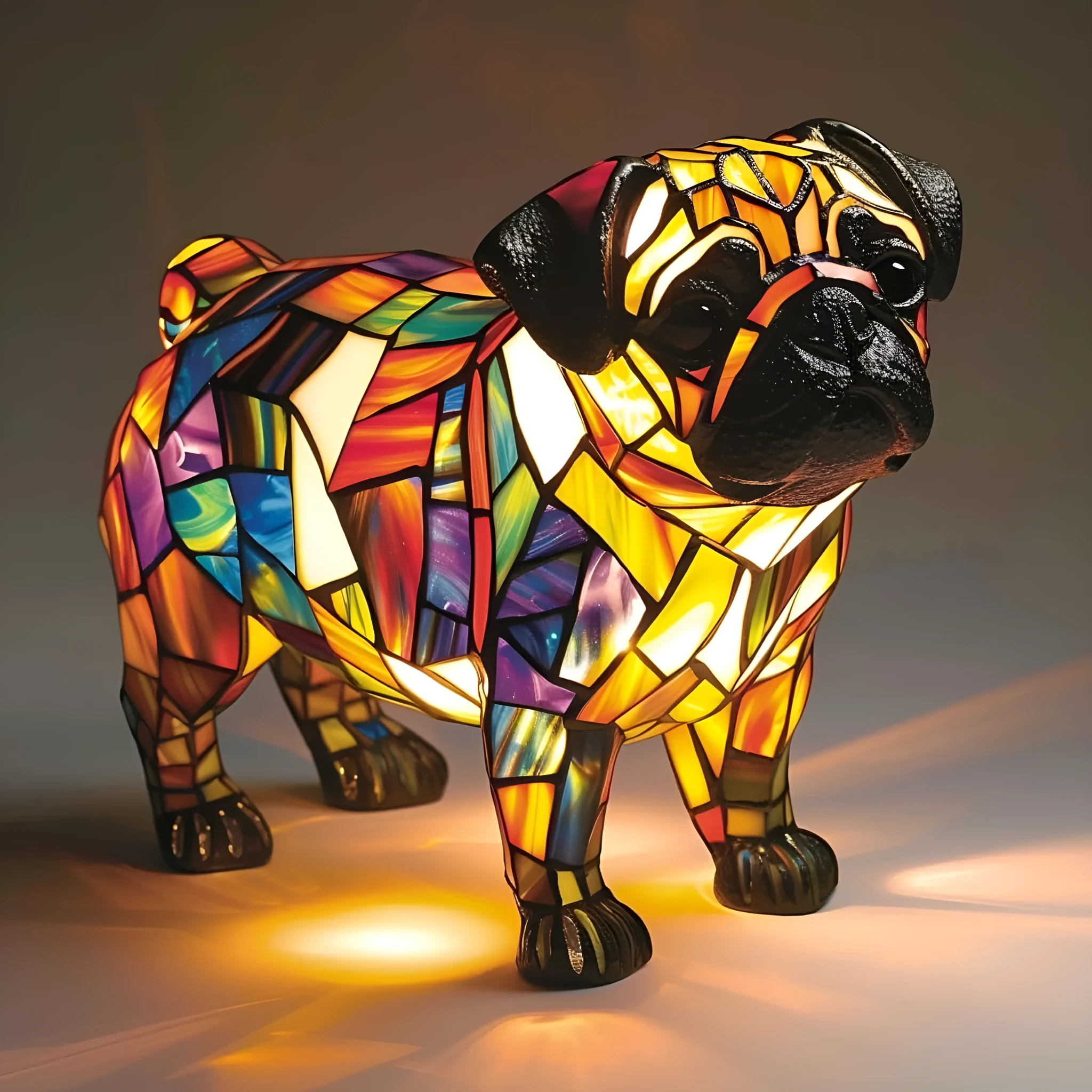Colourful resin dog lamp decoration in pug shape, button battery powered, on a shelf
