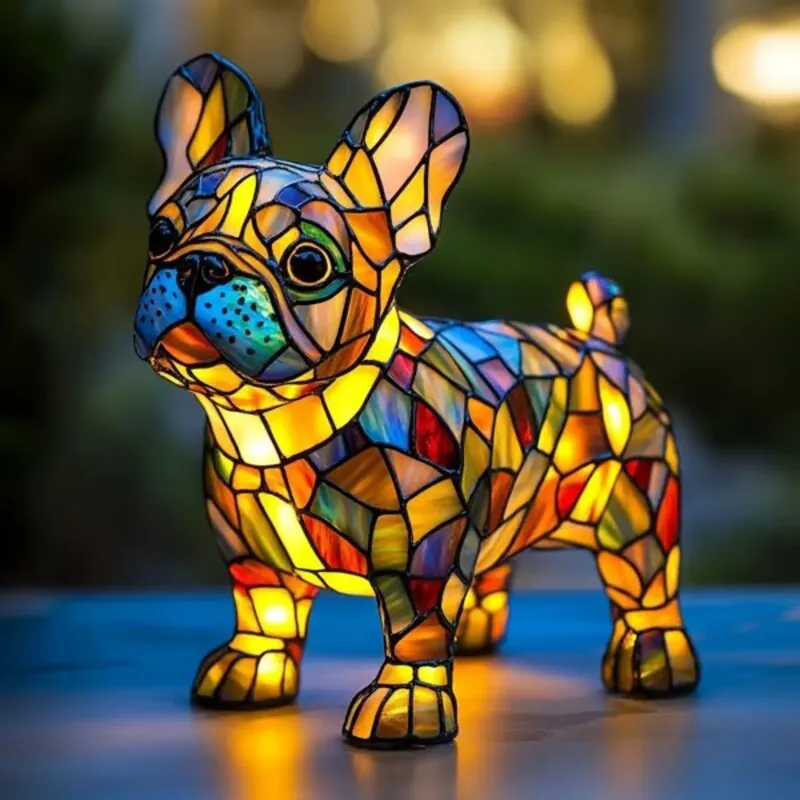 Colourful resin dog lamp decoration in pug shape, button battery powered, on a shelf
