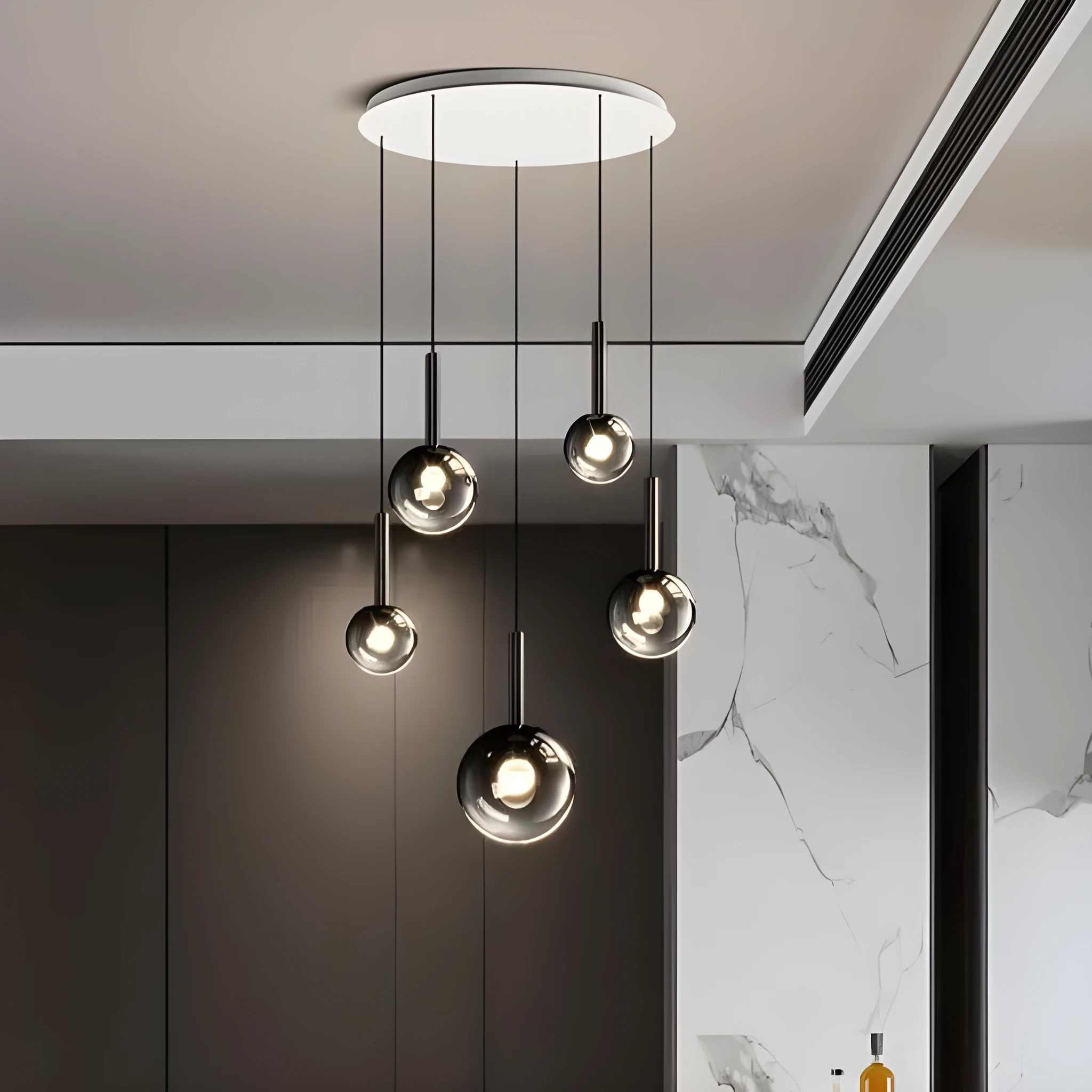 Glass chandelier long rotating staircase chandelier three heads Shiny Black simple modern design
