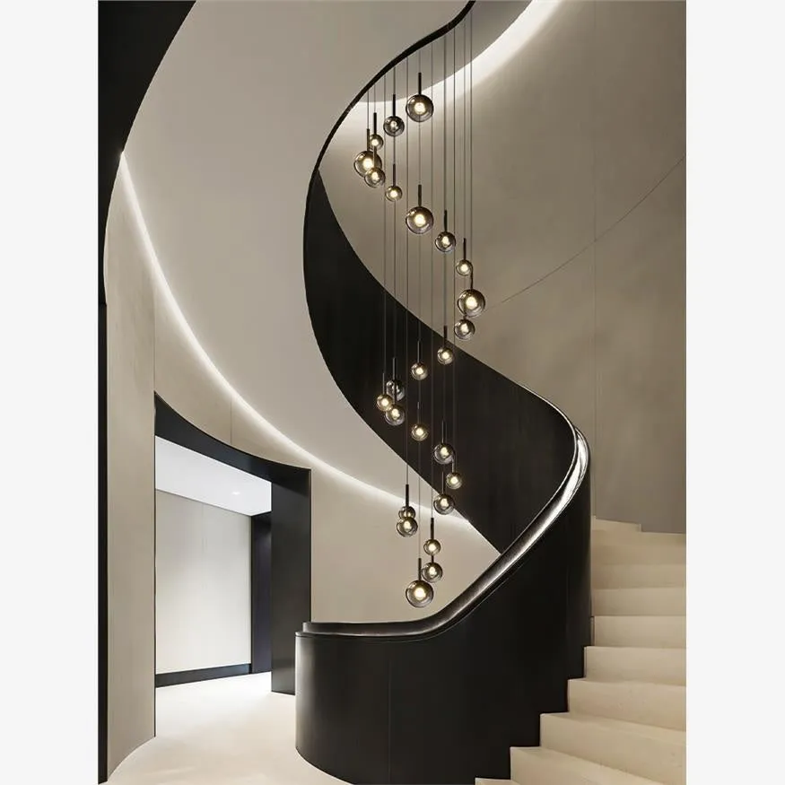 Glass chandelier long rotating staircase chandelier three heads Shiny Black simple modern design