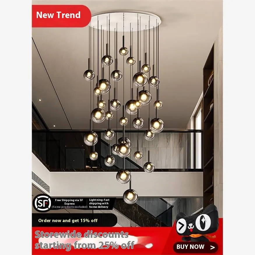 Glass chandelier long rotating staircase chandelier three heads Shiny Black simple modern design