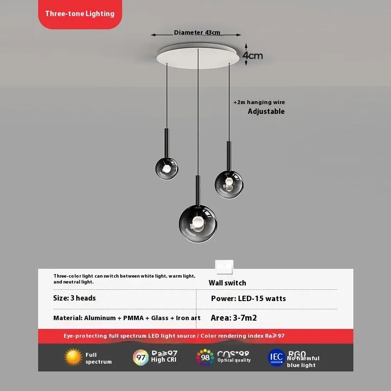 Glass chandelier long rotating staircase chandelier three heads Shiny Black simple modern design