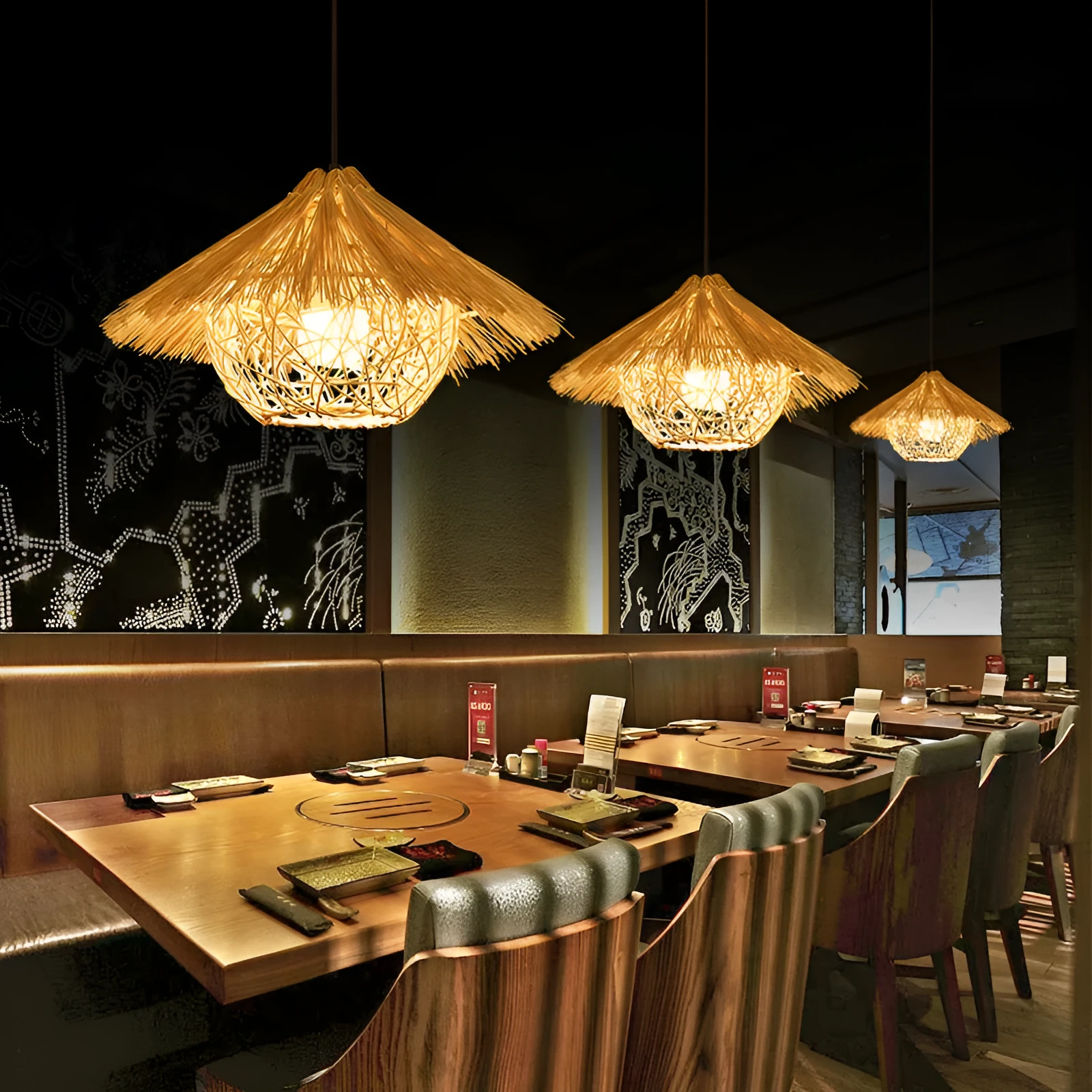 Rattan straw hat chandelier pendant light in 25cm diameter natural colour