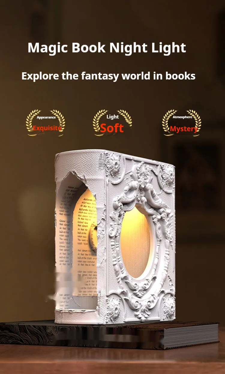 Magic book gypsum table lamp with switch control on a bedside table