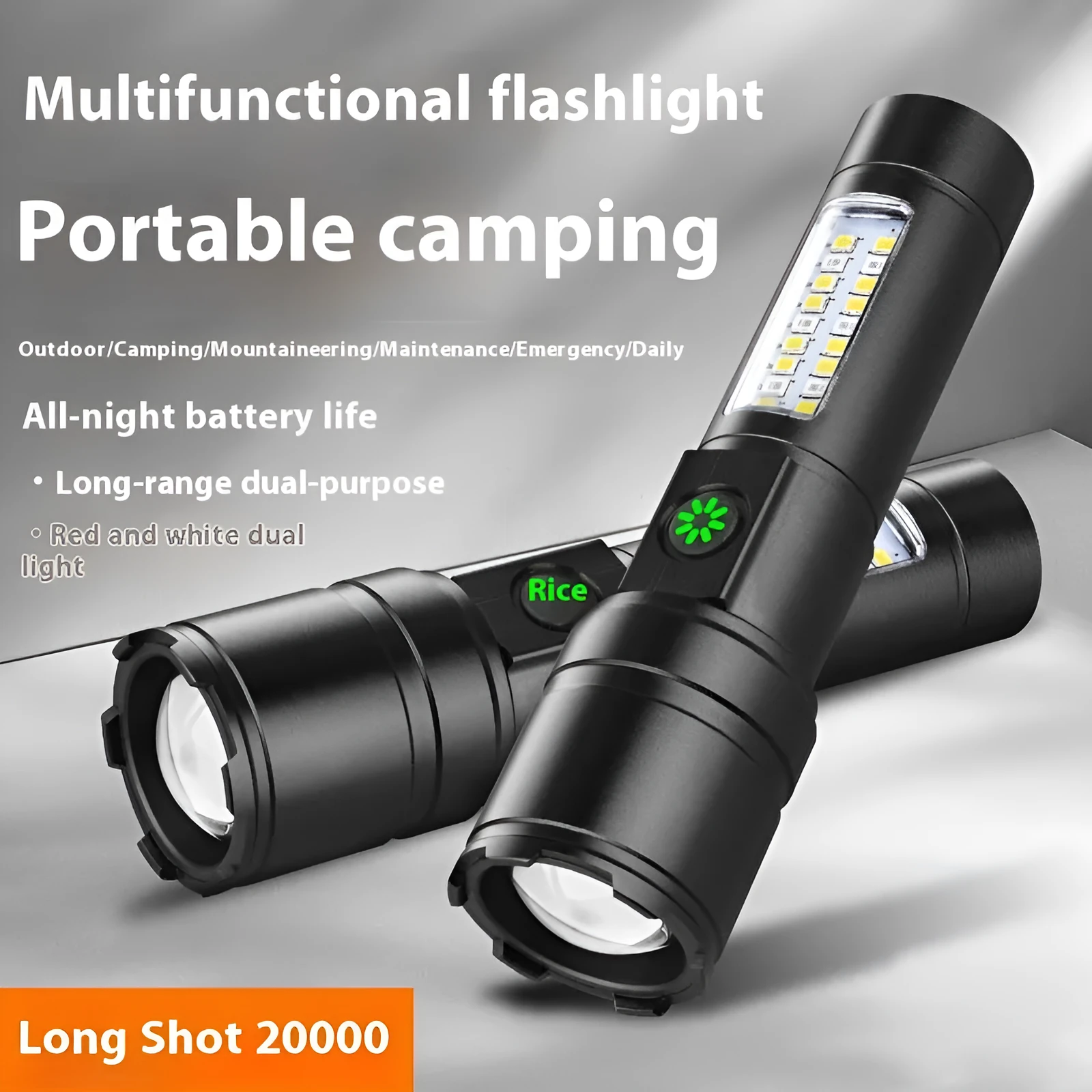 Black aluminium alloy USB rechargeable flashlight torch with optical zoom lens.