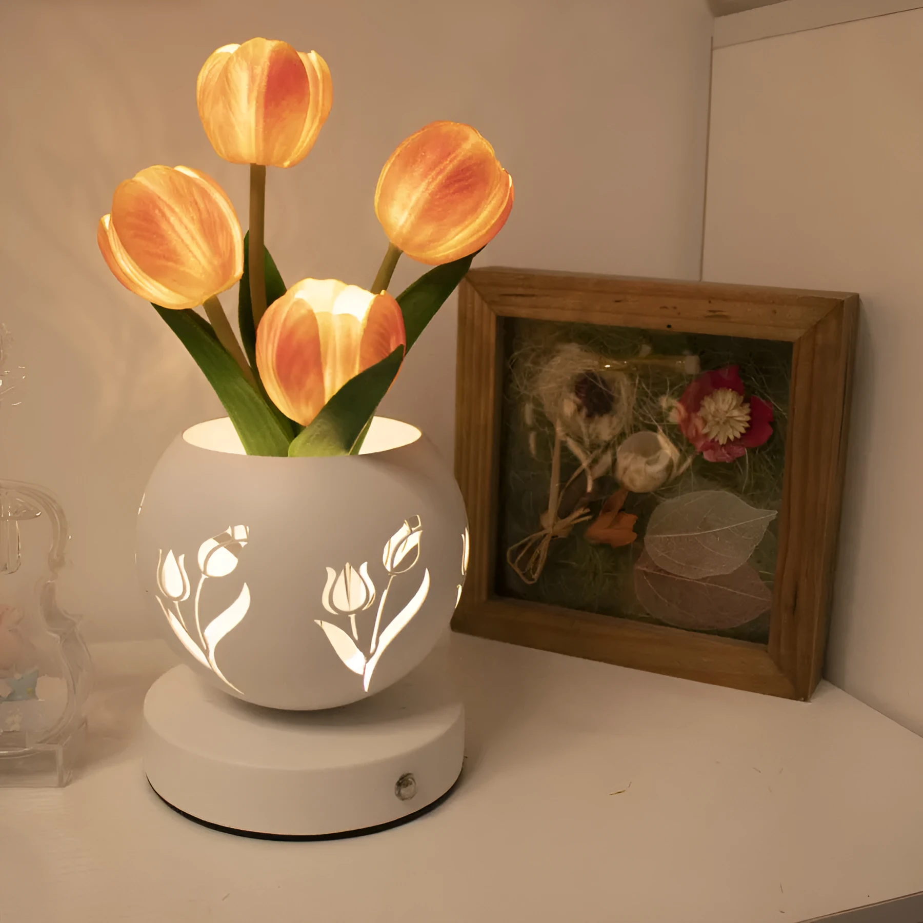 Tulip small night lamp LED projection decoration with iron hollow flowerpot and touch dimming